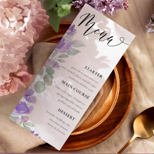 Menu Casamento de Cor Floral Púrpura Elegante