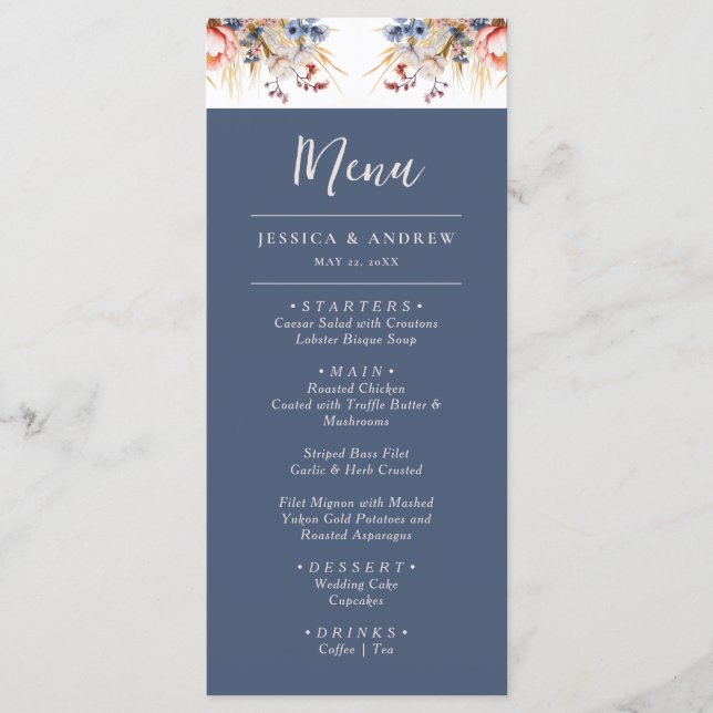 Menu Casamento de Cor Flórida Rosa-Rosa e Azul-Dusty (Frente)
