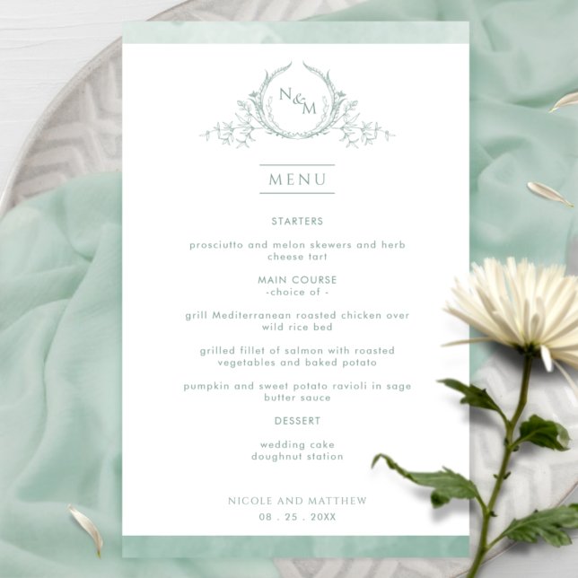 Menu Casamento de Cor Verde Verde Pálida Monograma (Criador carregado)