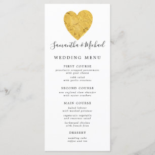 Menu Casamento de Coração de Folha de Ouro Chic