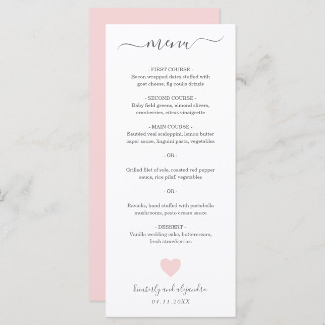 Menu Casamento de Coração Rosa Bonito (Frente/Verso)