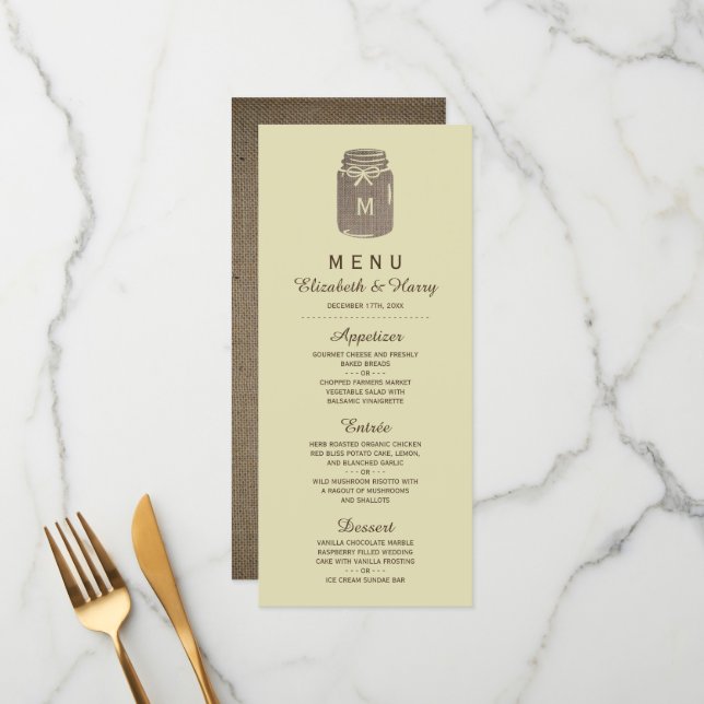 Menu Casamento de Country Burlap Mason Jar (Frente/Verso In Situ)