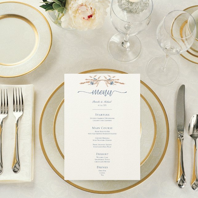 Menu Casamento de Creme Moderno de Cornualha Azul (Blue Cornflowers & Wheat Modern Cream Wedding Menu)