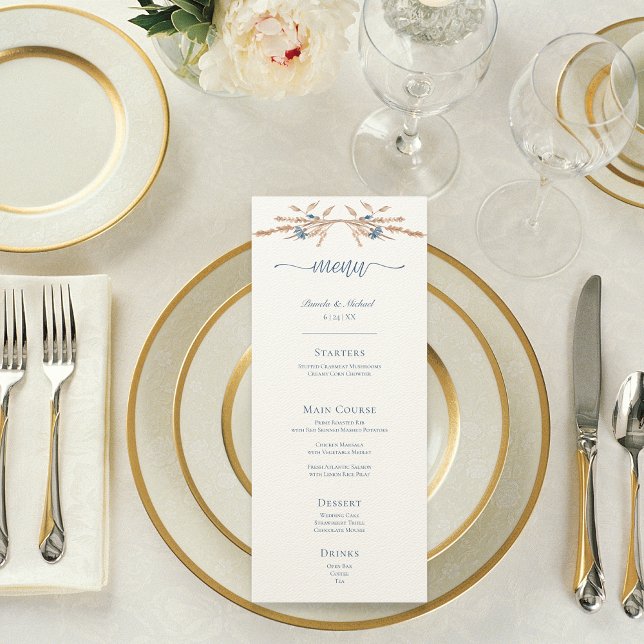 Menu Casamento de Creme Moderno de Cornualha Azul (Blue Cornflowers & Wheat Modern Cream Wedding Menu)