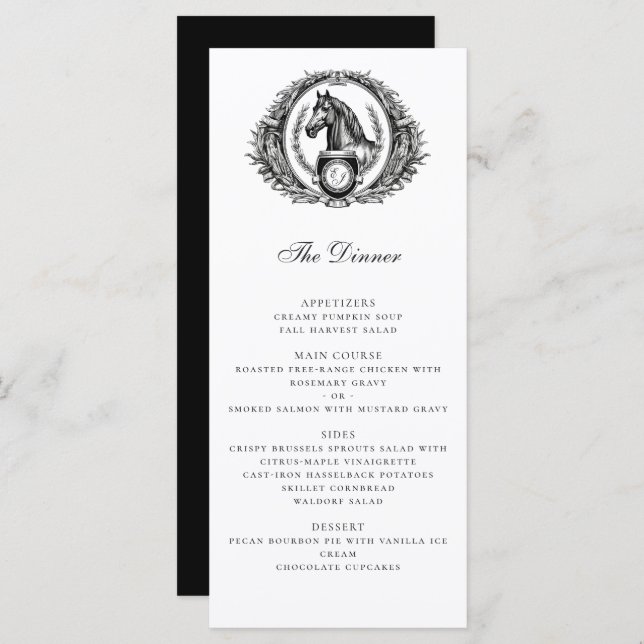 Menu Casamento de Crest Monogramas Equestres Elegante (Frente/Verso)