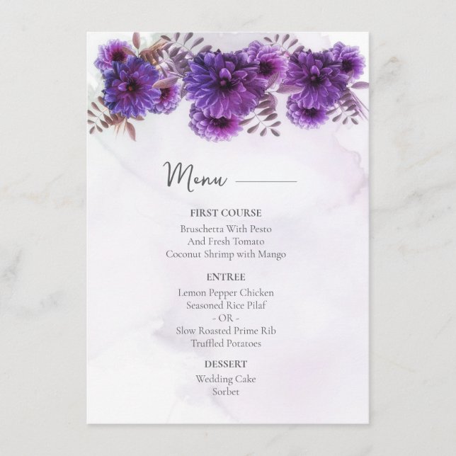 Menu Casamento de Crisântemo com Aquarela Roxa  (Frente)