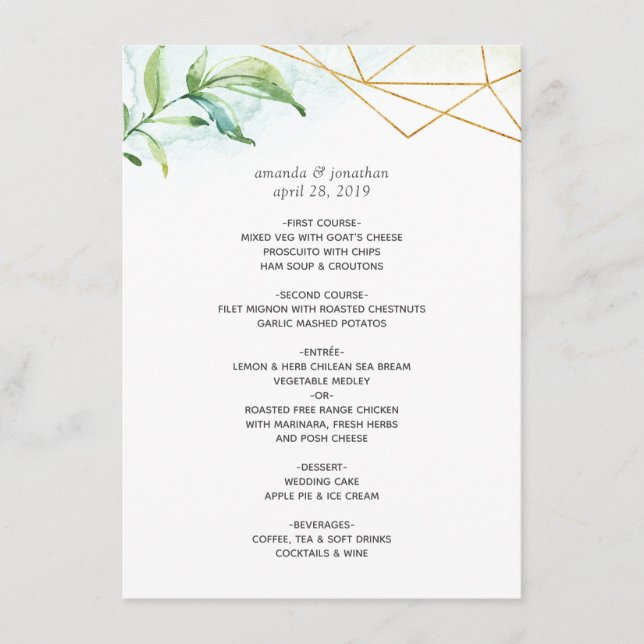 Menu Casamento de Cristal Geométrico por Aquarela (Frente)