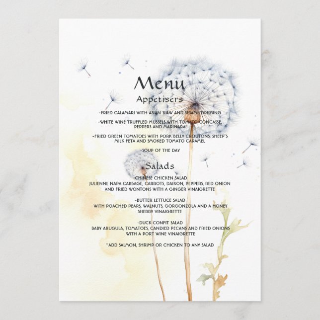Menu Casamento de Dandelion com Aquarela (Frente)