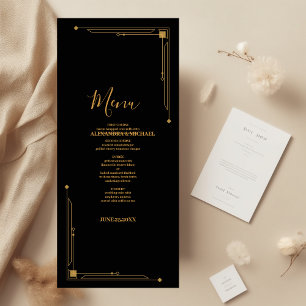 Menu Casamento de Deco de Arte Dourada e Preta Elegante