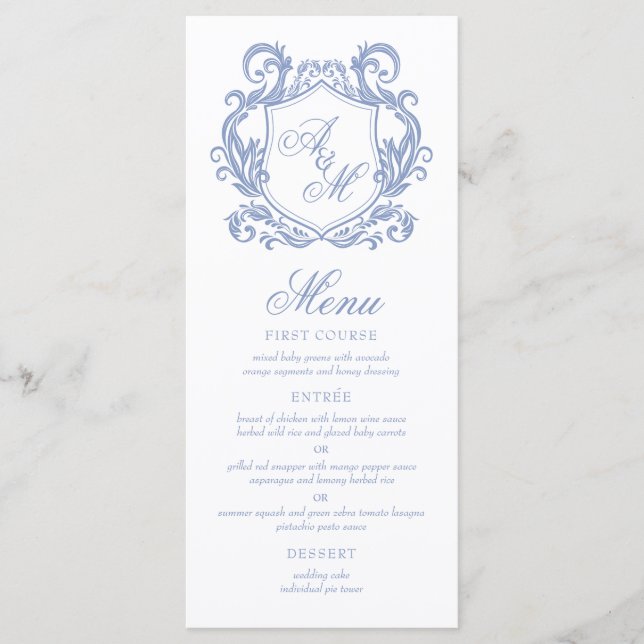 Menu Casamento de Derrame Azul Elegante Monograma (Frente)