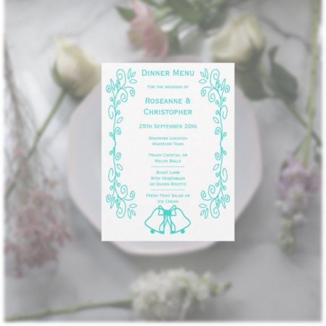 Menu Casamento de Design de Carris de Peruca (Turquoise wedding menu bells and scrollwork)