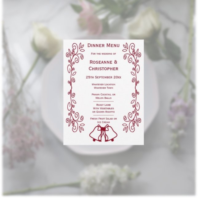Menu Casamento de Design de Cartazes de Rolagem Burgund (Burgundy wedding dinner menu bells and scrollwork design)