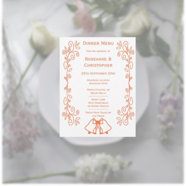 Menu Casamento de Design de Coral Bells (Coral wedding menu bells and scrollwork design)