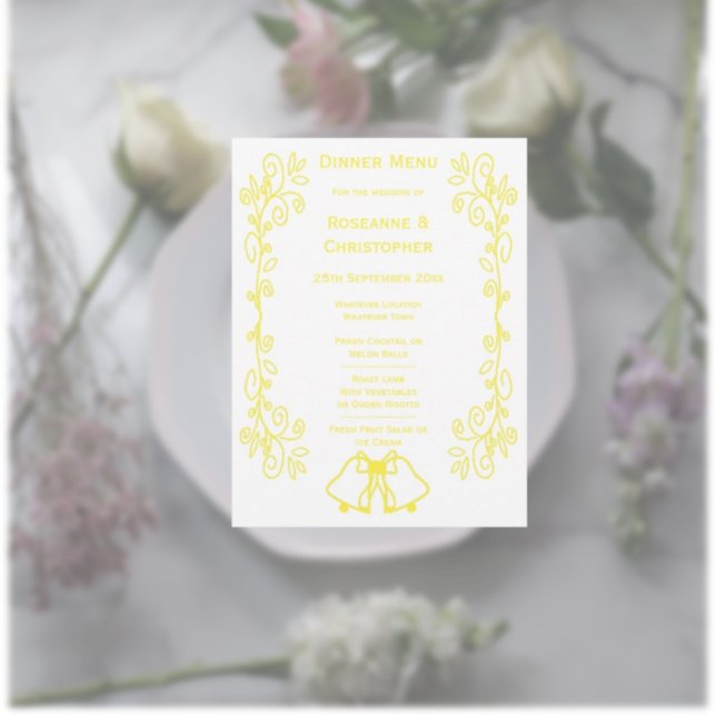 Menu Casamento de Design de Limon Bells (Yellow wedding menu bells and scrollwork design)