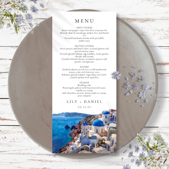 Menu Casamento de Destino da Grécia Watercolor Santorin (Watercolor Santorini Greece Destination Wedding Menu)