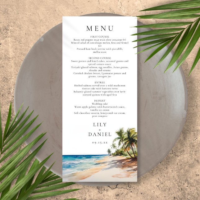Menu Casamento de Destino de Praia Tropical de Watercol (Watercolor Tropical Beach Destination Wedding Menu)