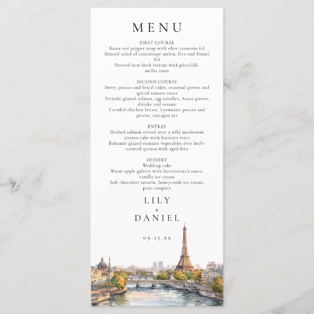 Menu Casamento de Destino em Paris França em Aquarela (Frente)