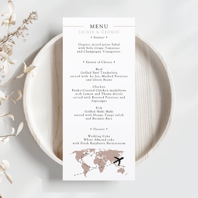 Menu Casamento de Destino Neutro de Embarque (World Map Travel Destination Wedding Menu Boarding Pass Passport Beige Neutral Minimalist)