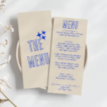 Menu Casamento de Diversão Moderna e Branca com Azul Es<br><div class="desc">Um menu janto de casamento do Periwinkle,  retro fedorento. Que apresenta o design modelo chic de boho vintage,  fundo cremoso e tipografia azul e menu escrito à mão em azul. E fundo brilhante. Perfeito e compatível com toda a suíte.</div>