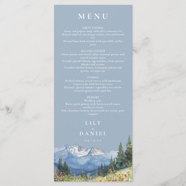 Menu Casamento de Dusty Blue Watercolor Mountain (Frente)