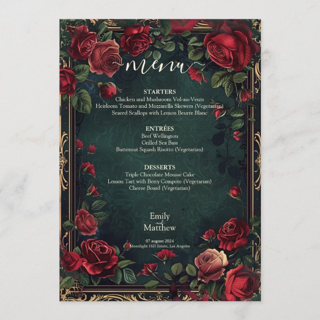 Menu Casamento de Elegância Gótica Vitoriana (Frente)
