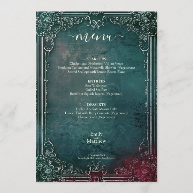 Menu Casamento de Elegância Gótica Vitoriana (Frente)