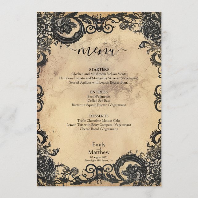 Menu Casamento de Elegância Gótica Vitoriana (Frente)