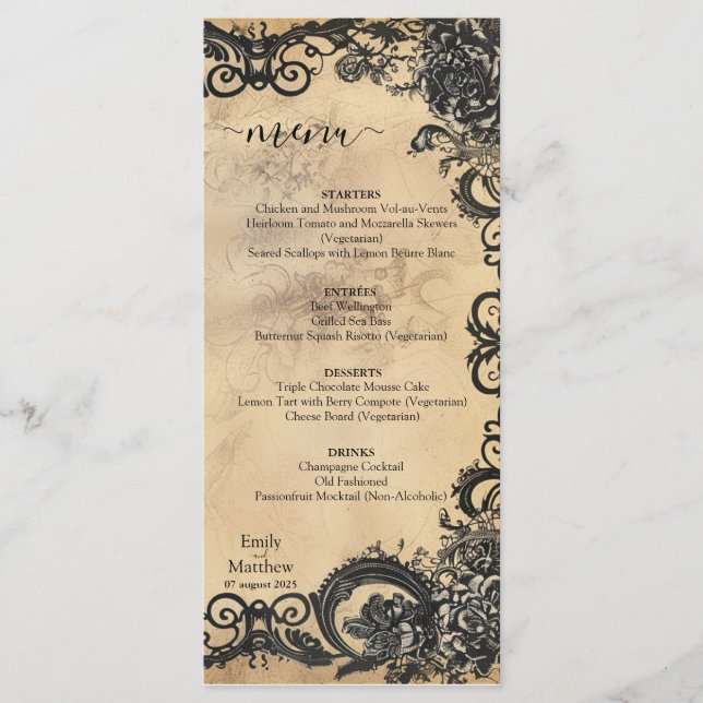 Menu Casamento de Elegância Gótica Vitoriana (Frente)