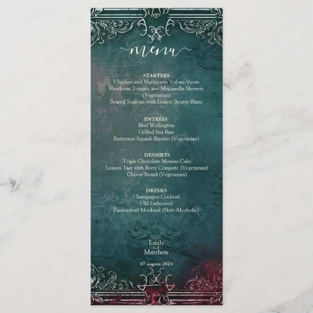 Menu Casamento de Elegância Gótica Vitoriana (Frente)
