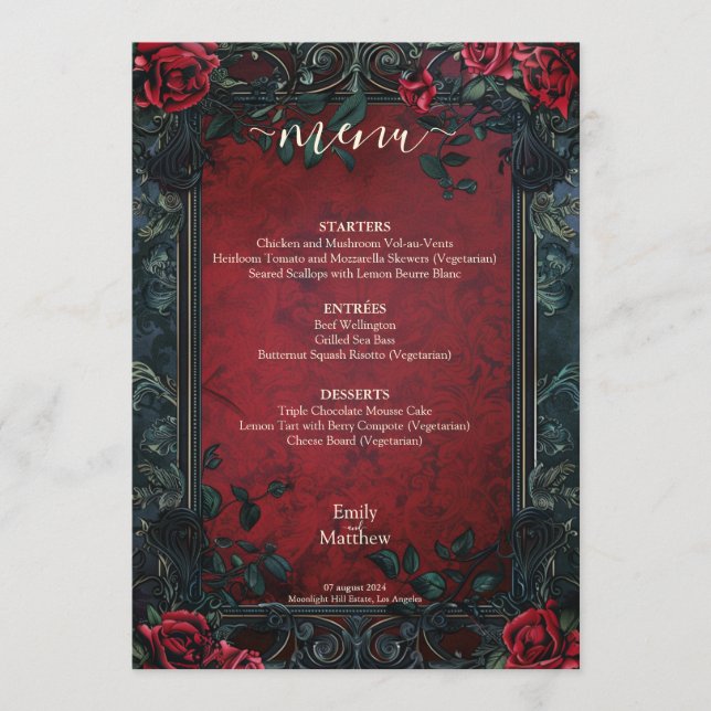 Menu Casamento de Elegância Gótica Vitoriana (Frente)