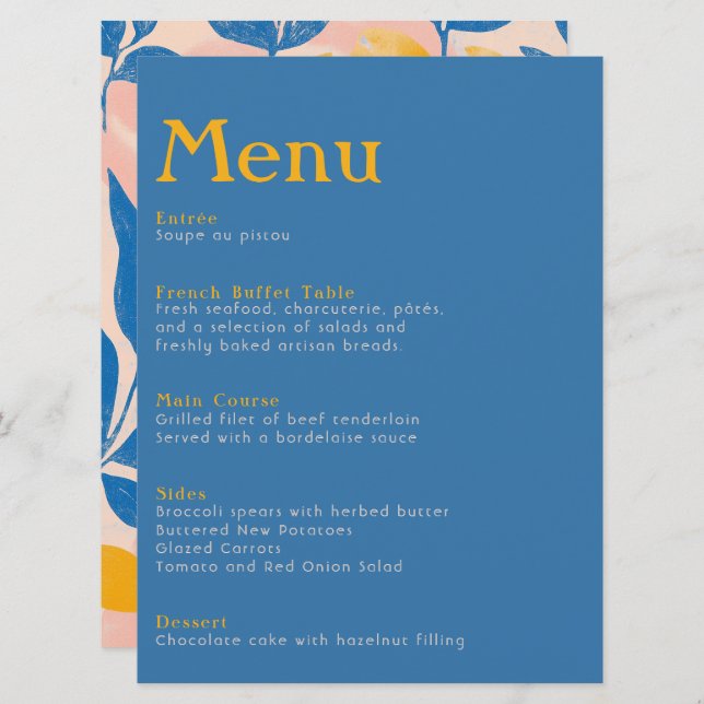 Menu Casamento de Elegante azul-botânico e folha amarel (Frente/Verso)
