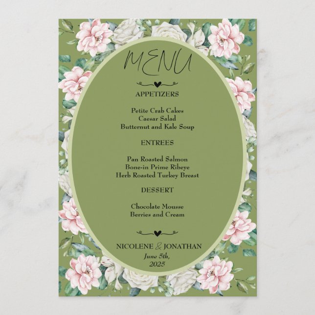 Menu Casamento de Embriões Florais Elegante (Frente)