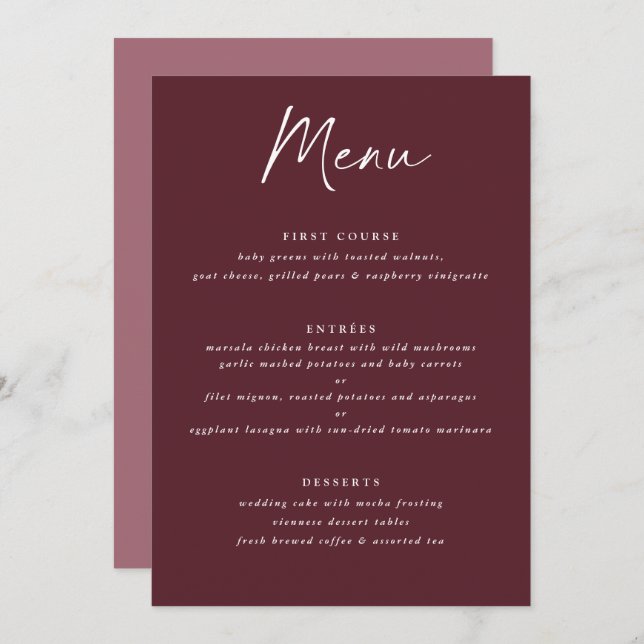 Menu Casamento de Escrita Manual Moderna Merlot Burgund (Frente/Verso)