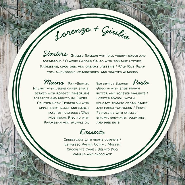 Menu Casamento de Escrita Manual Retro Verde com Desenh (Criador carregado)