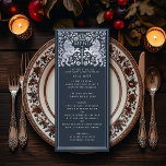 Menu Casamento de Espadas Medieval do Leão Real Azul Si<br><div class="desc">Celebre seu dia especial com esta design de Casamento Real Medieval do Leão. A prata representada nesta design não é uma folha de alumínio real. Você pode personalizar isso ainda mais clicando no botão "PERSONALIZAR".</div>