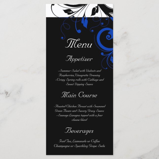 Menu Casamento de espiral azul preto/branco/cobalto (Frente)