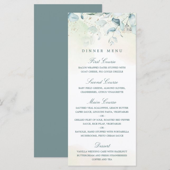Menu Casamento de Eucalipto Verde Elegante (Frente/Verso)