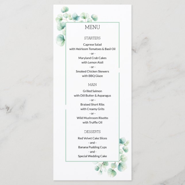 Menu Casamento de Eucalyptus minimalista (Frente)