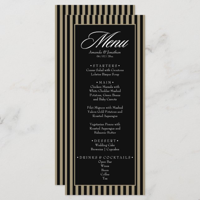 Menu Casamento de faixas verticais verdes e pretas lega (Frente/Verso)