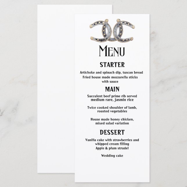 Menu Casamento de ferraduras de madeira de barnwood (Frente/Verso)