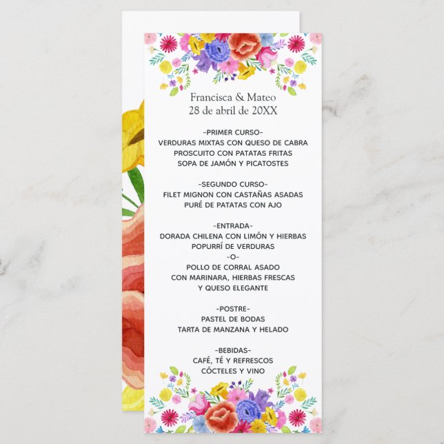 Menu Casamento de Fiesta Espanhola de Watercolor Floral (Frente/Verso)
