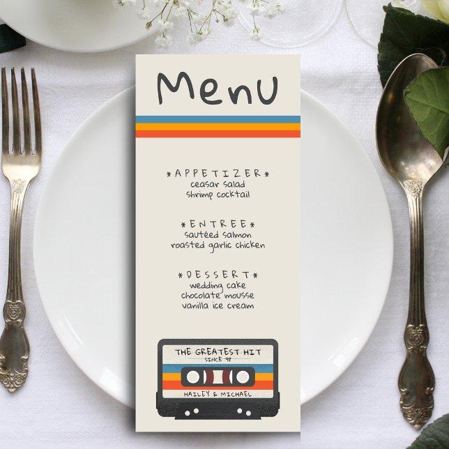 Menu Casamento de Fita Cassete de Alta Acertos Retroati (Vintage Retro Greatest Hit Cassette Tape Wedding Menu)