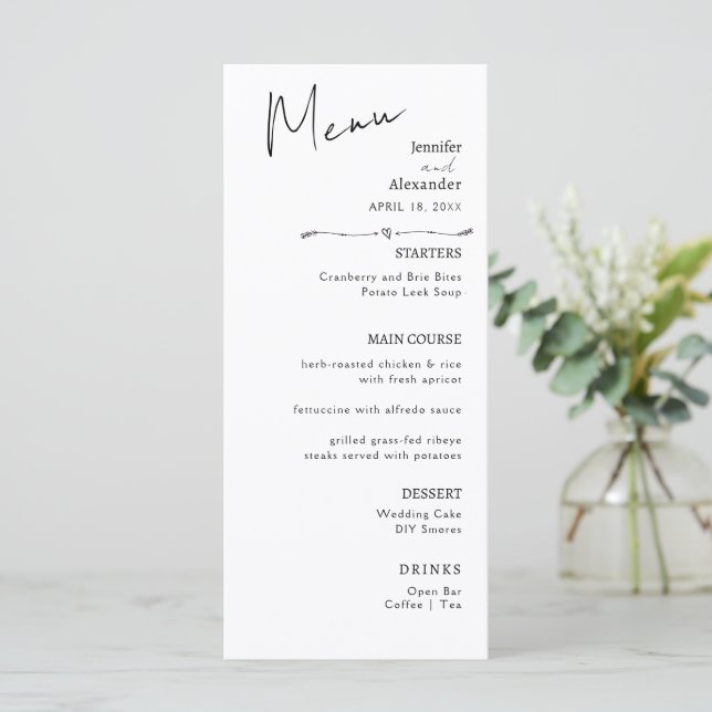 Menu Casamento de Flat Menu, caligrafia moderna minimal (Em pé/Frente)