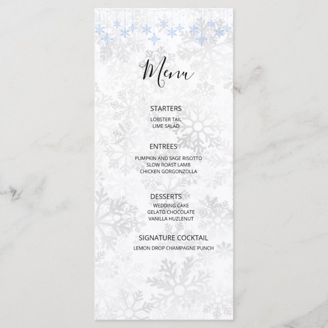Menu Casamento de Floco de Neve de Inverno (Frente)