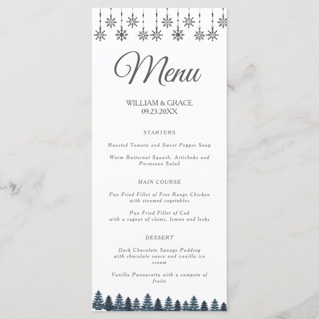 Menu Casamento de flocos de neve da Wonderland Winter (Frente)
