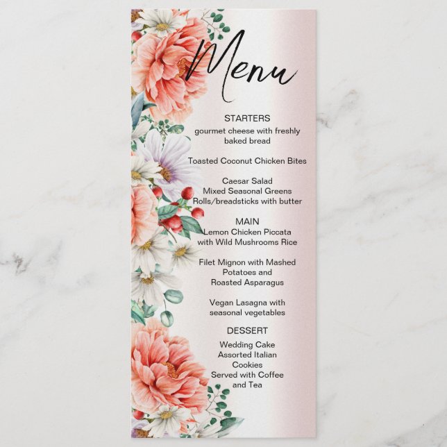 Menu Casamento de Flor de Peony Aquarela (Frente)