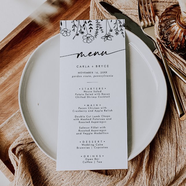 Menu Casamento de Flor Silvestre Preto e Branco Boho Ch (Criador carregado)
