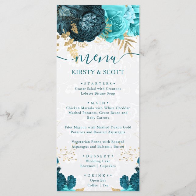 Menu Casamento de Flores Água-Marinha e Douradas em Aqu (Frente)