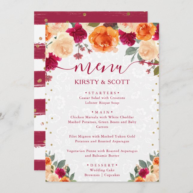 Menu Casamento de Flores Automáticas Vermelhas e Laranj (Frente/Verso)