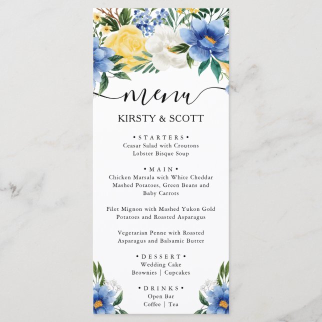 Menu Casamento de Flores Azuis e Amarelas com Aquarela (Frente)